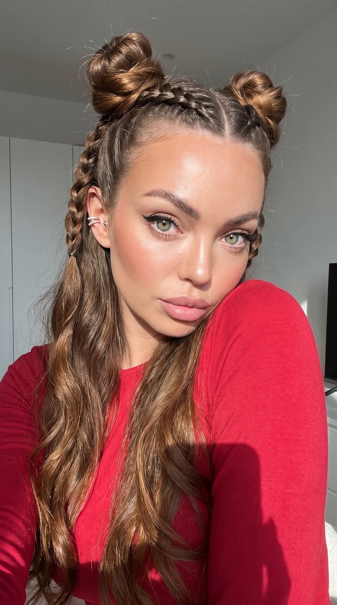 Hyperrealistic Glamour Selfie with Braided Buns