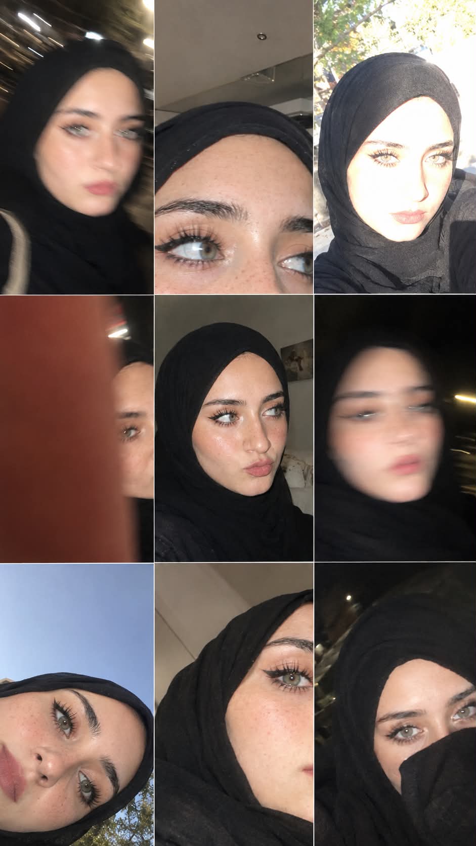 Candid 3×3 Portrait Collage of a Young Woman in a Black Hijab