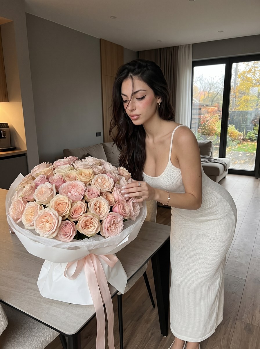 Candid Film-Style Portrait with a Rose Bouquet