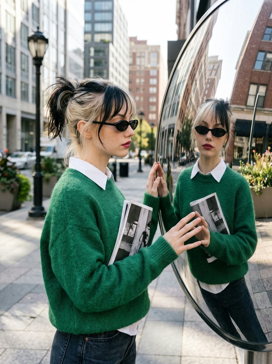 Street-Style Portrait Beside a Curved Mirror output 2