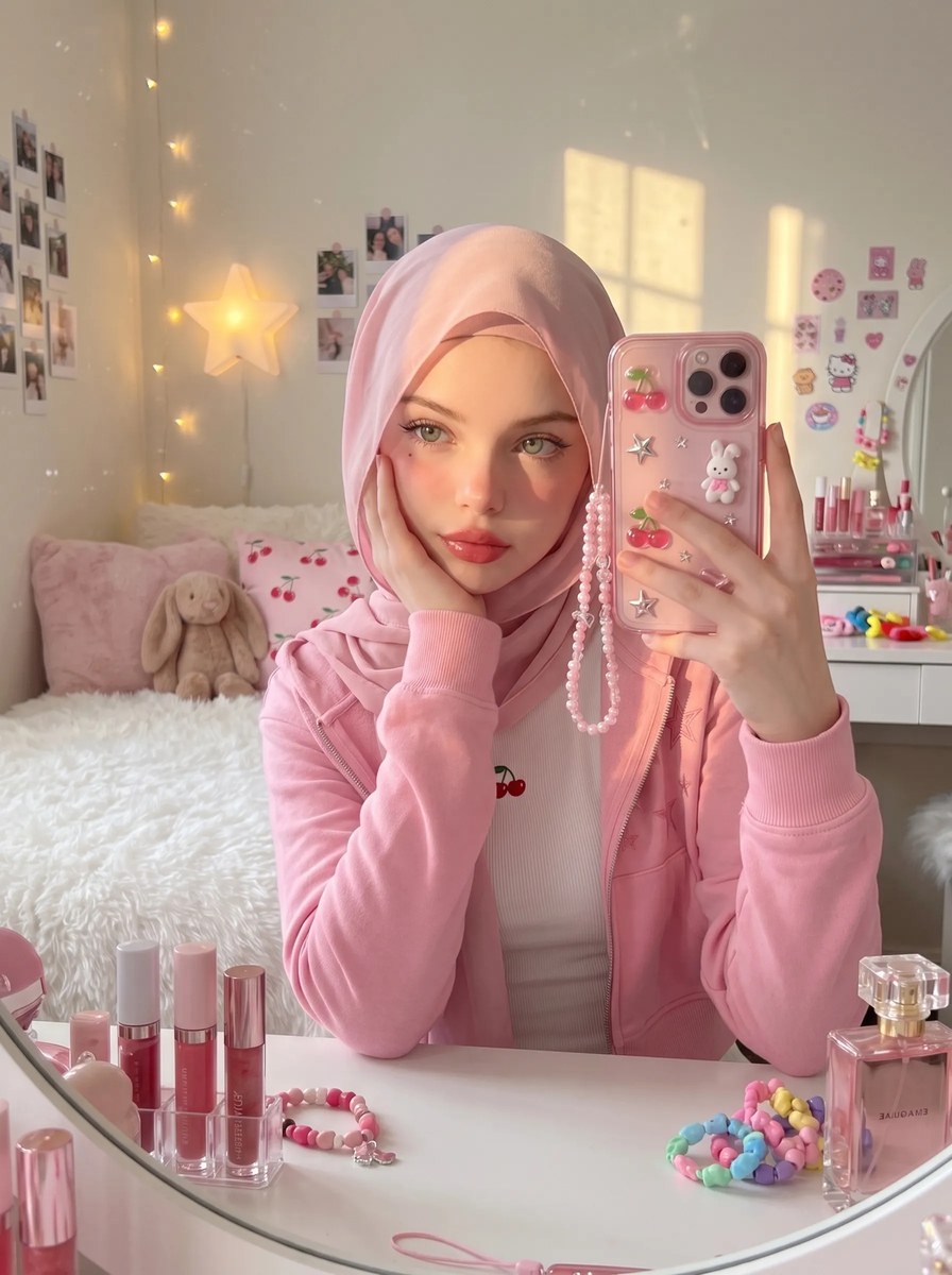 Pink Hijab Bedroom Mirror Selfie output 4