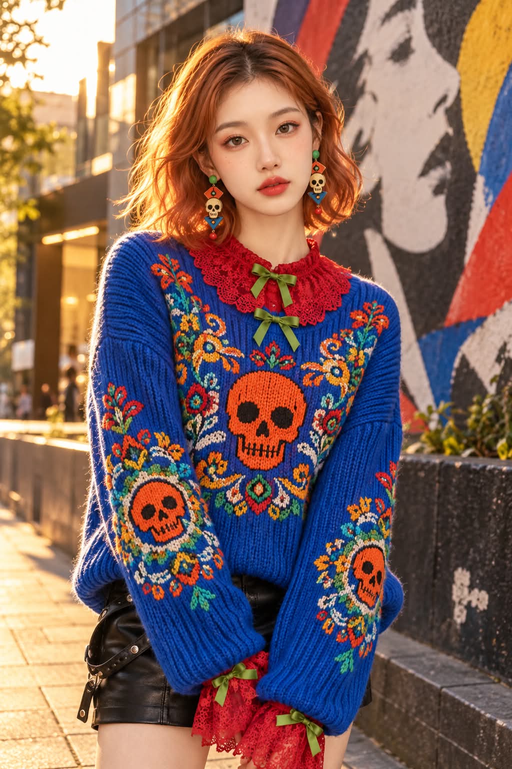 Golden-Hour Roppongi Portrait in a Pop-Art Knit Sweater