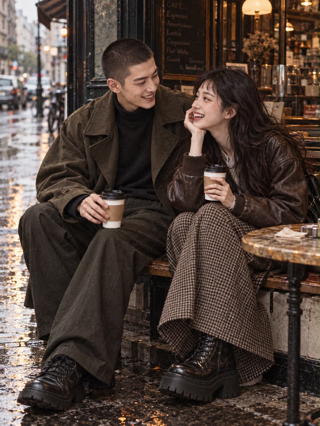 Couple Sharing a Hot Drink Outside a Cafe output 1