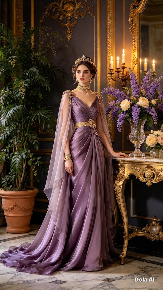 Woman in a Dusty Purple Gown in a Candlelit Interior