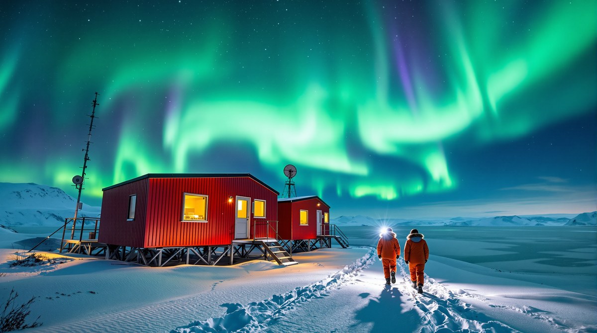 Arctic Research Station Under a Green Aurora