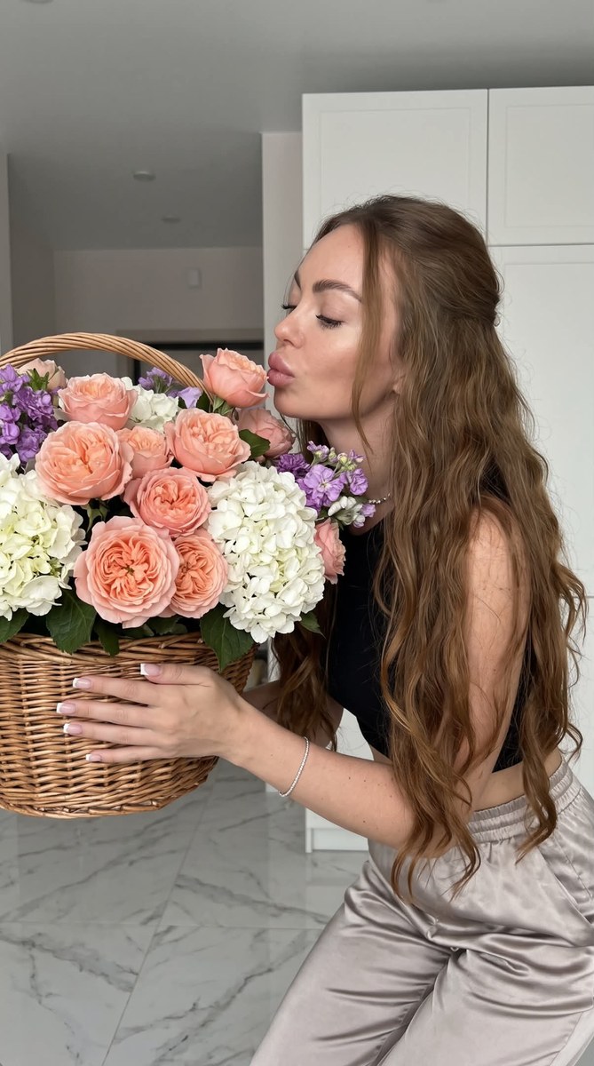 Candid iPhone-Style Portrait with a Large Flower Basket output 2