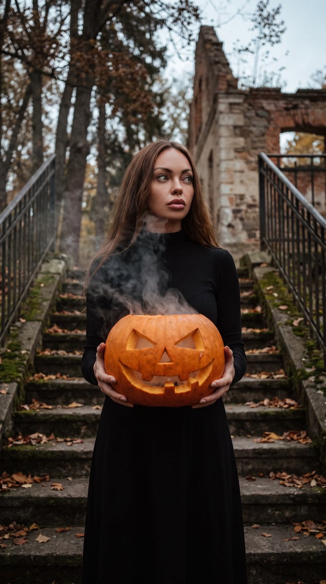 Gothic Autumn Portrait with a Smoking Jack-o’-Lantern