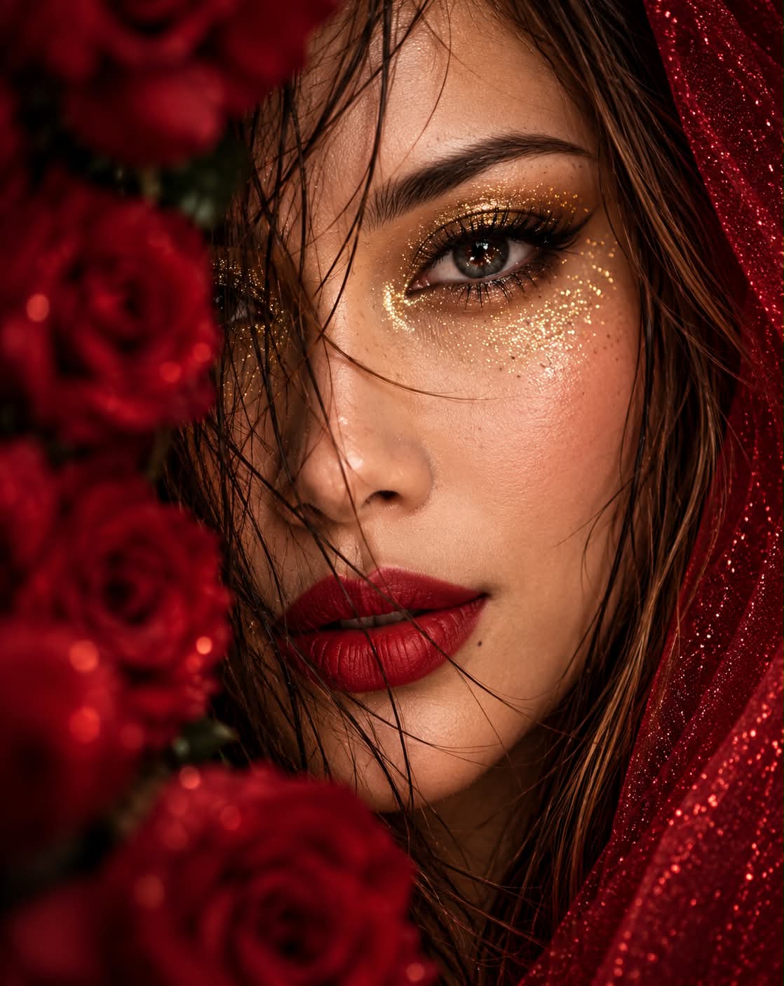 Dark Romantic Beauty Portrait with Gold Glitter and Crimson Roses