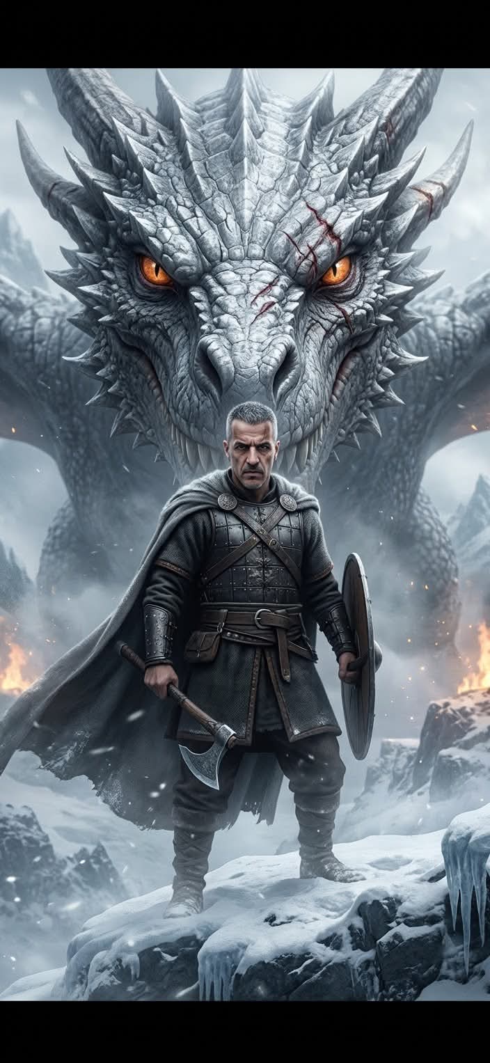 Viking Warrior and Colossal Silver Dragon