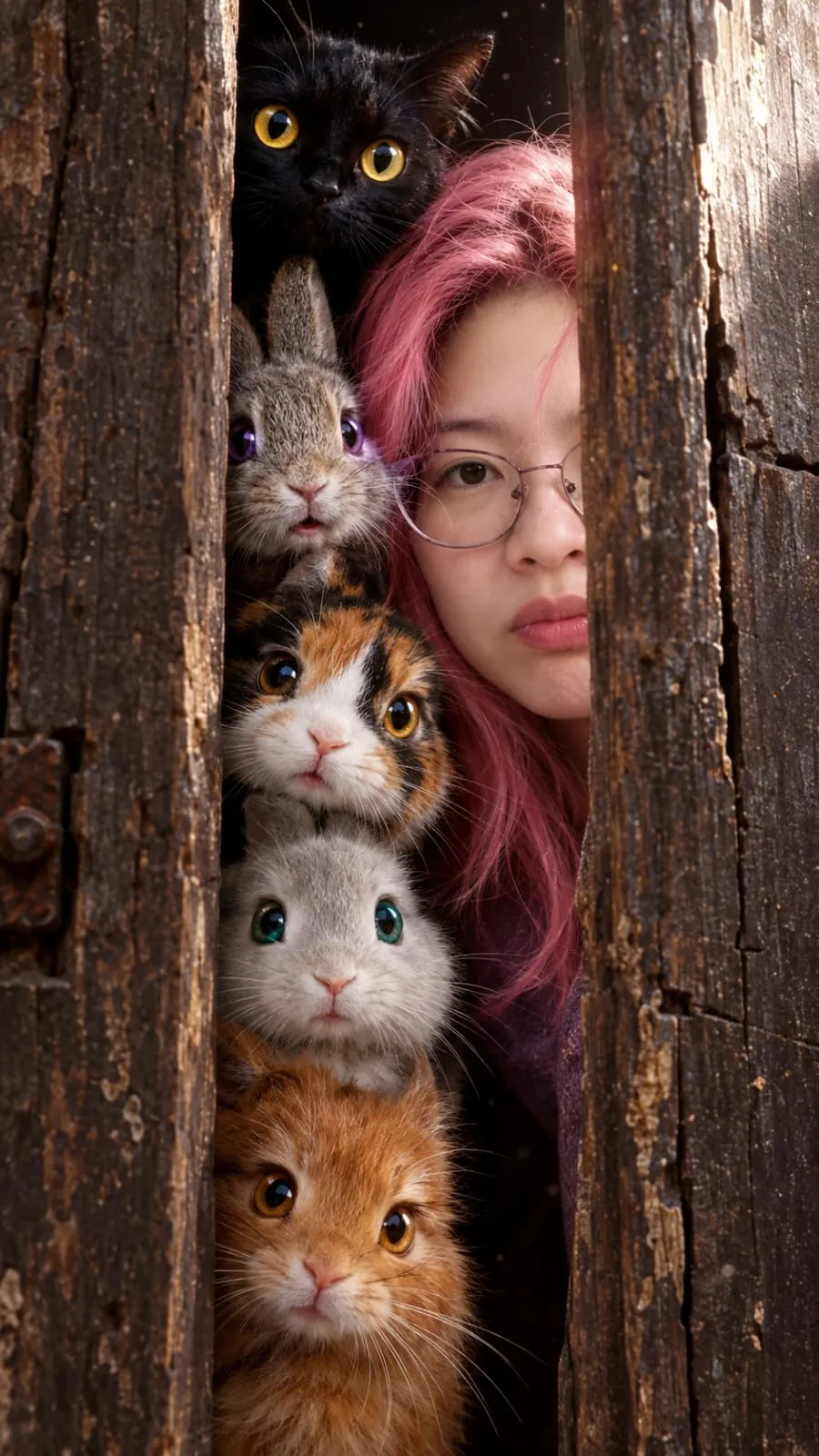 Person and Five Foxes Peeking Through Weathered Wood output 4