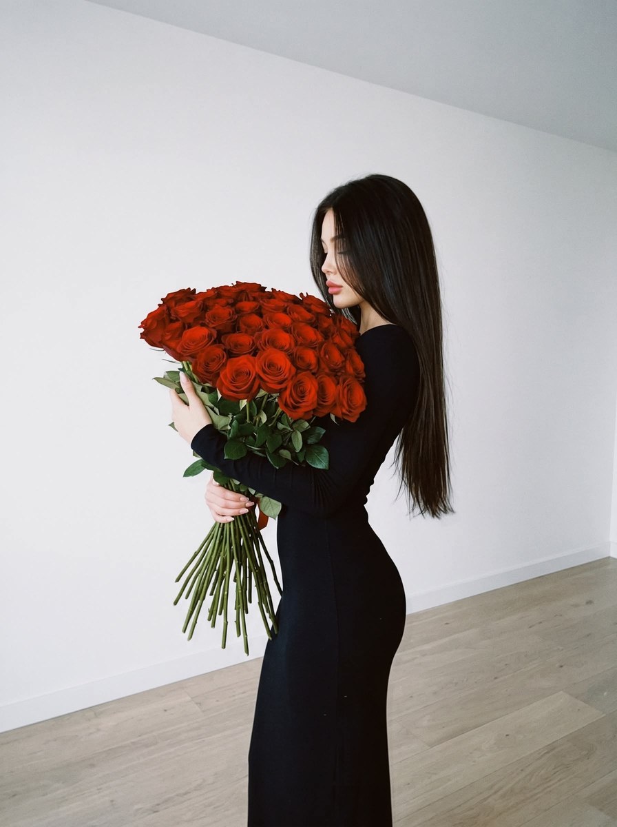 Minimalist Fashion Portrait with a Bouquet of Red Roses output 1
