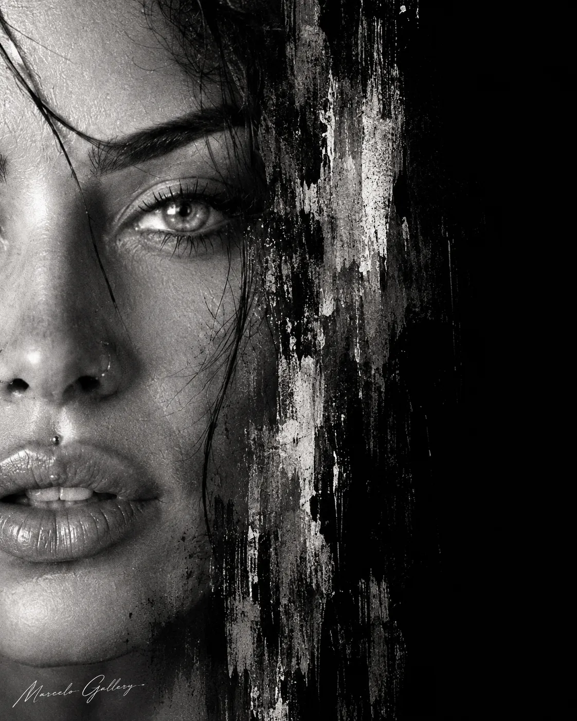 Monochrome Half-Face Portrait with Painterly Dissolution output 1
