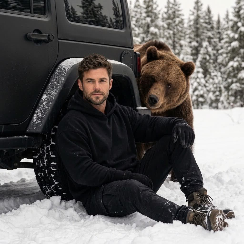 Person Leaning Against a Jeep in the Snow