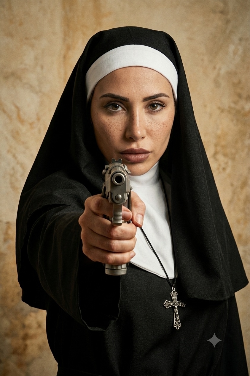 Cinematic Portrait of a Nun with a Beretta