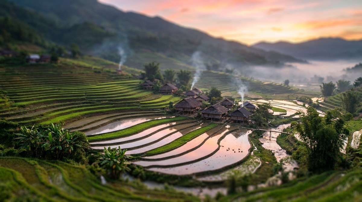 Tilt-Shift Photograph of Mountain Rice Terraces and a Stilt-House Village at Dawn