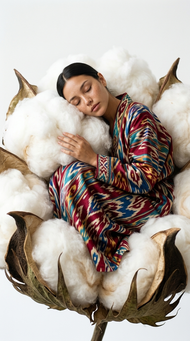 Dreamlike Uzbek Ikat Robe in a Giant Cotton Boll output 2
