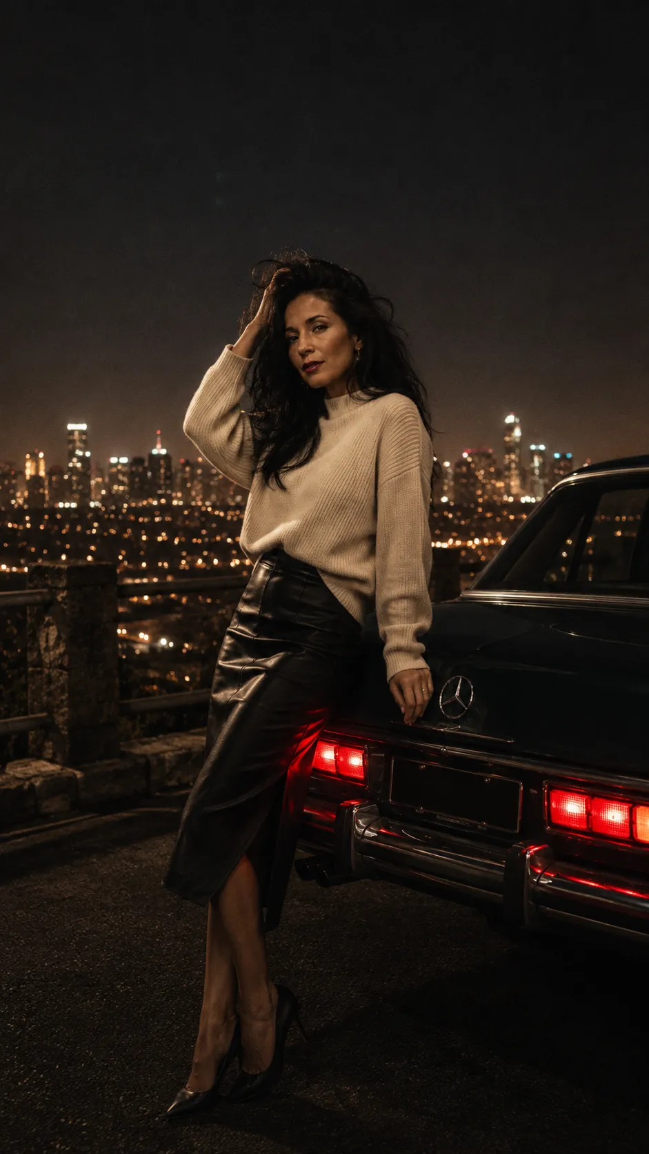 Nighttime Fashion Editorial with a Vintage Mercedes