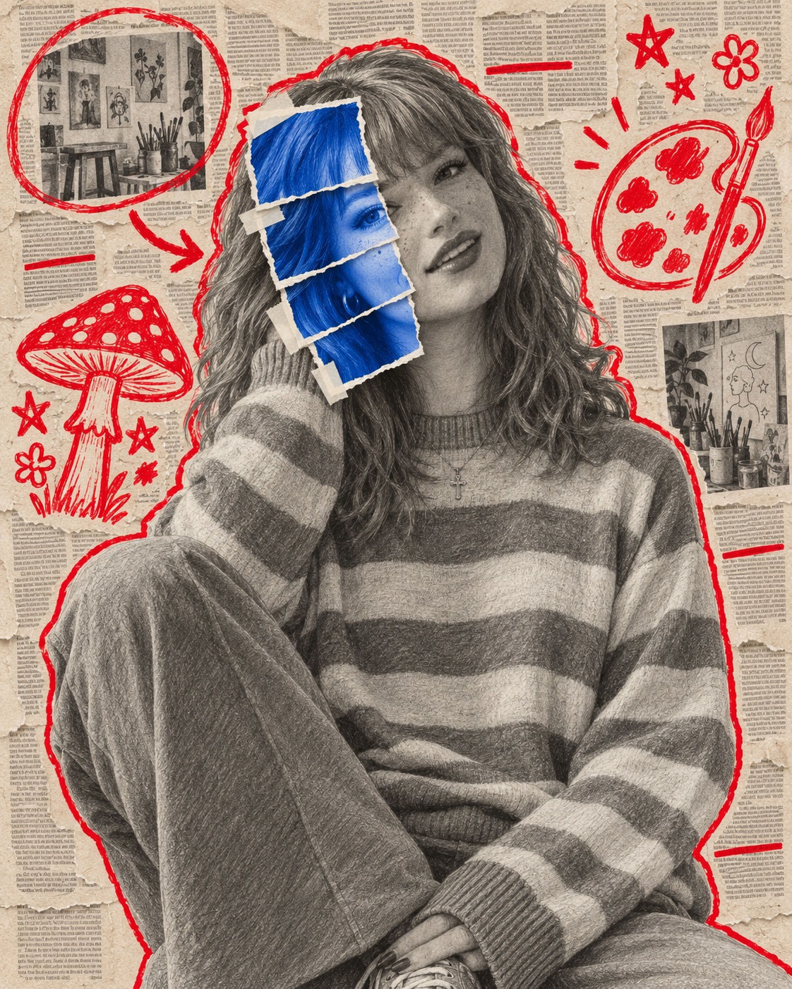 Graphite Portrait with Cobalt Photo Collage and Red Newspaper Markings output 3