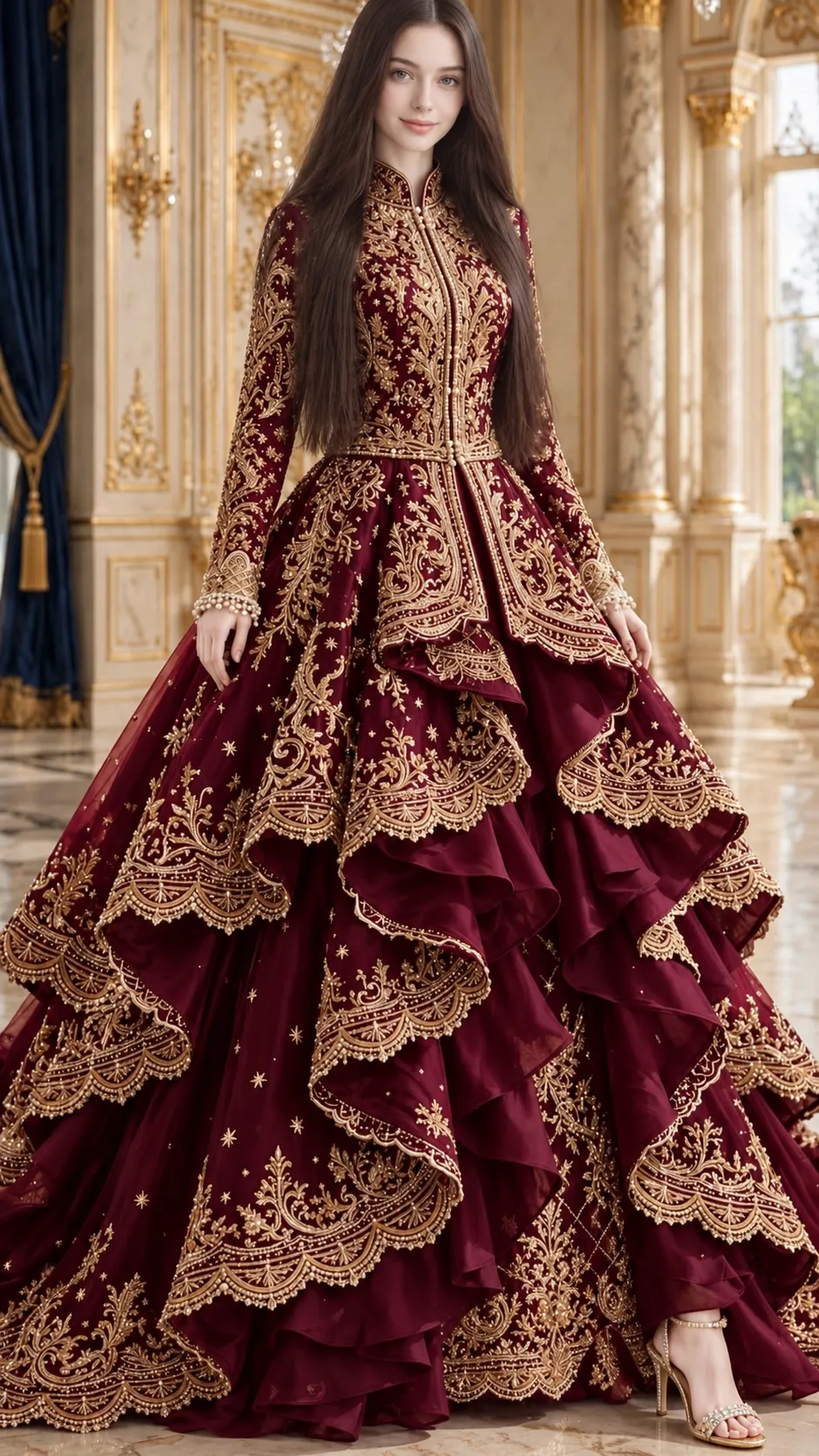 Maroon and Gold Royal Bridal Gown Portrait