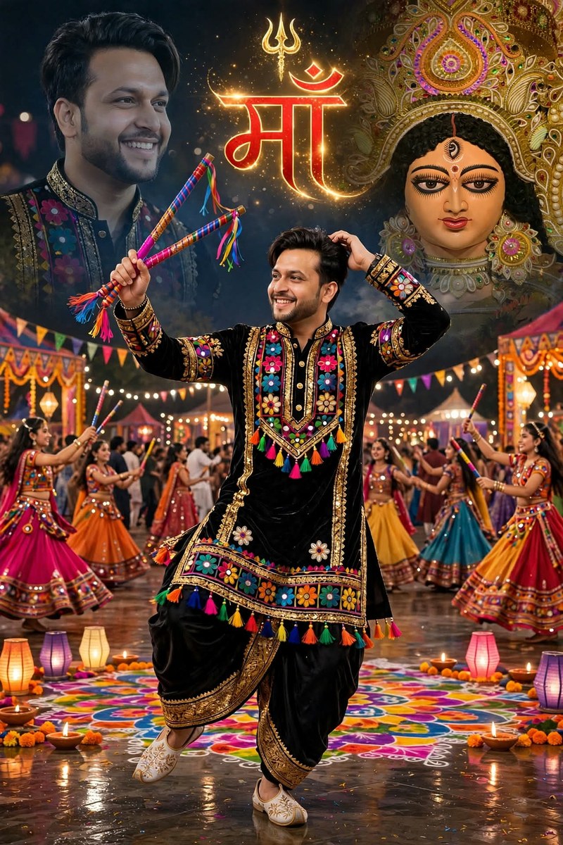 Navratri Garba Portrait with Durga Maa and Glowing Text