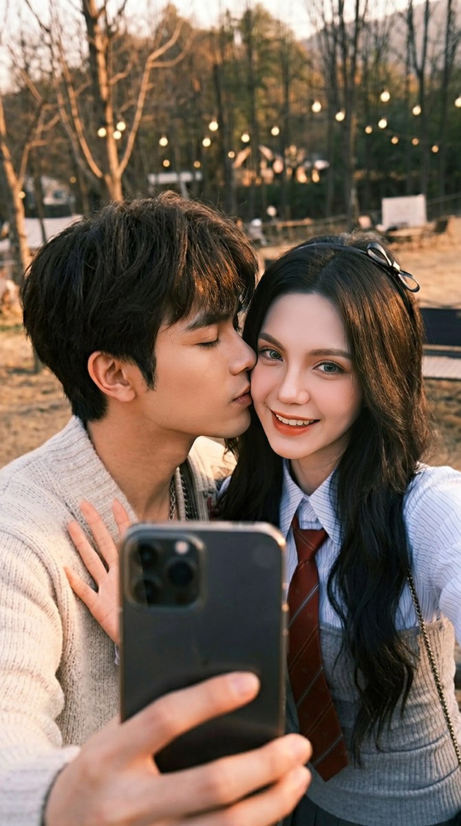 Golden-Hour Forest Café Couple Selfie output 3