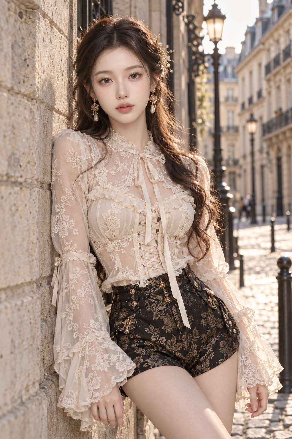 Baroque Ivory Blouse on a Parisian Street