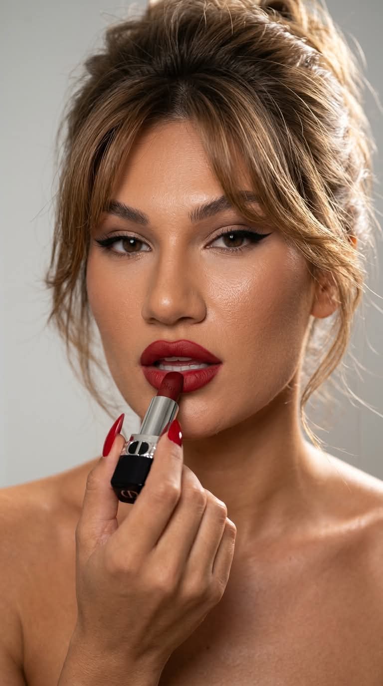 Photorealistic Close-Up of a Woman Applying Red Lipstick