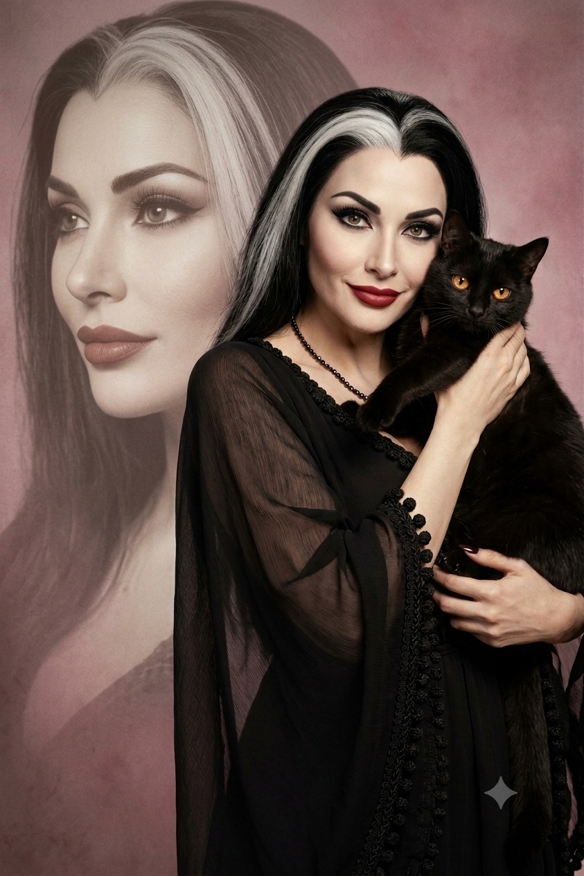 Vintage Lily Munster Portrait with a Black Cat