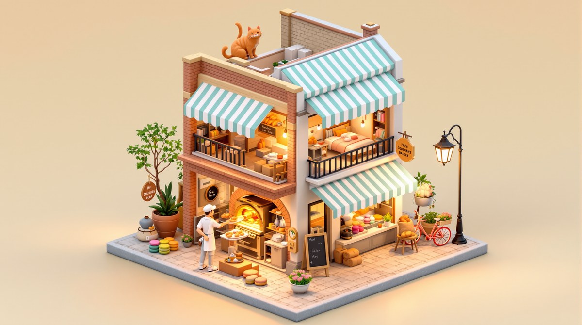 Isometric Cozy Corner Bakery at Dawn (3D Diorama)