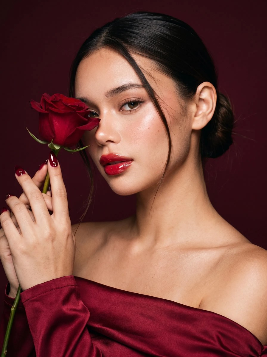 Red Rose Wine-Toned Beauty Portrait