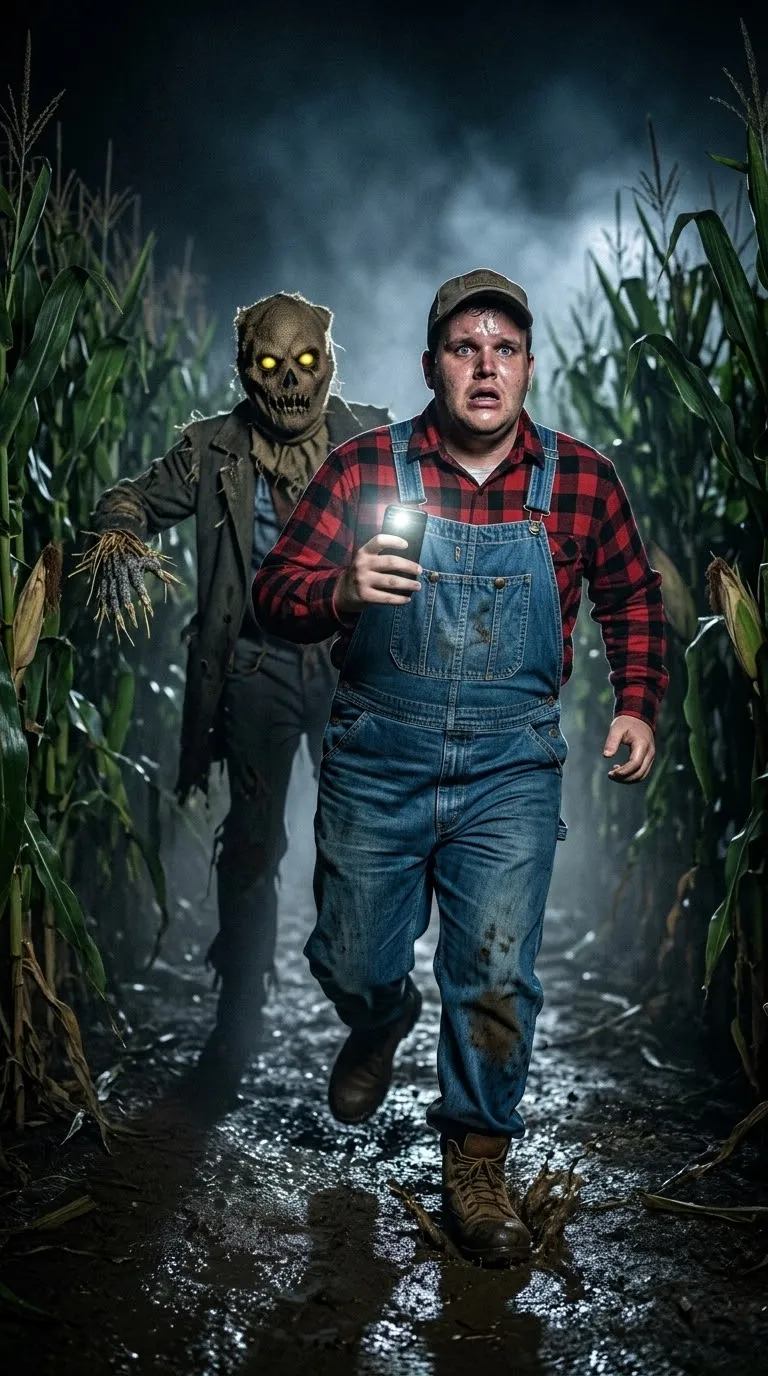 Cinematic Scarecrow Horror Photo in a Corn Maze