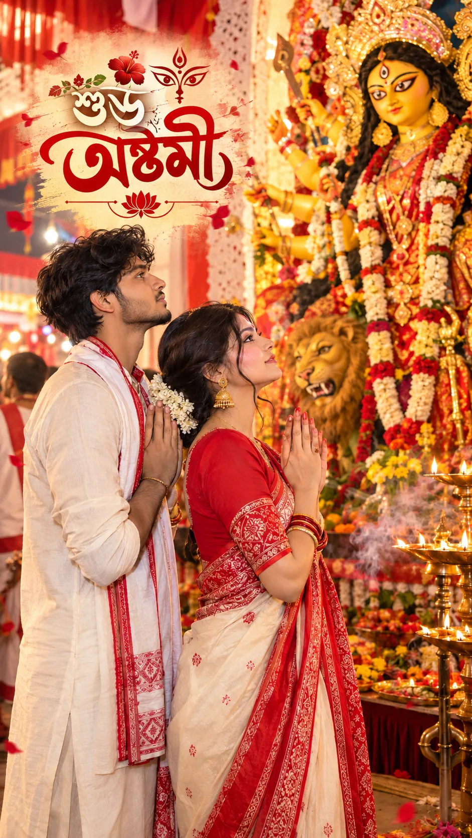 Bengali Couple Praying Before a Goddess Durga Idol