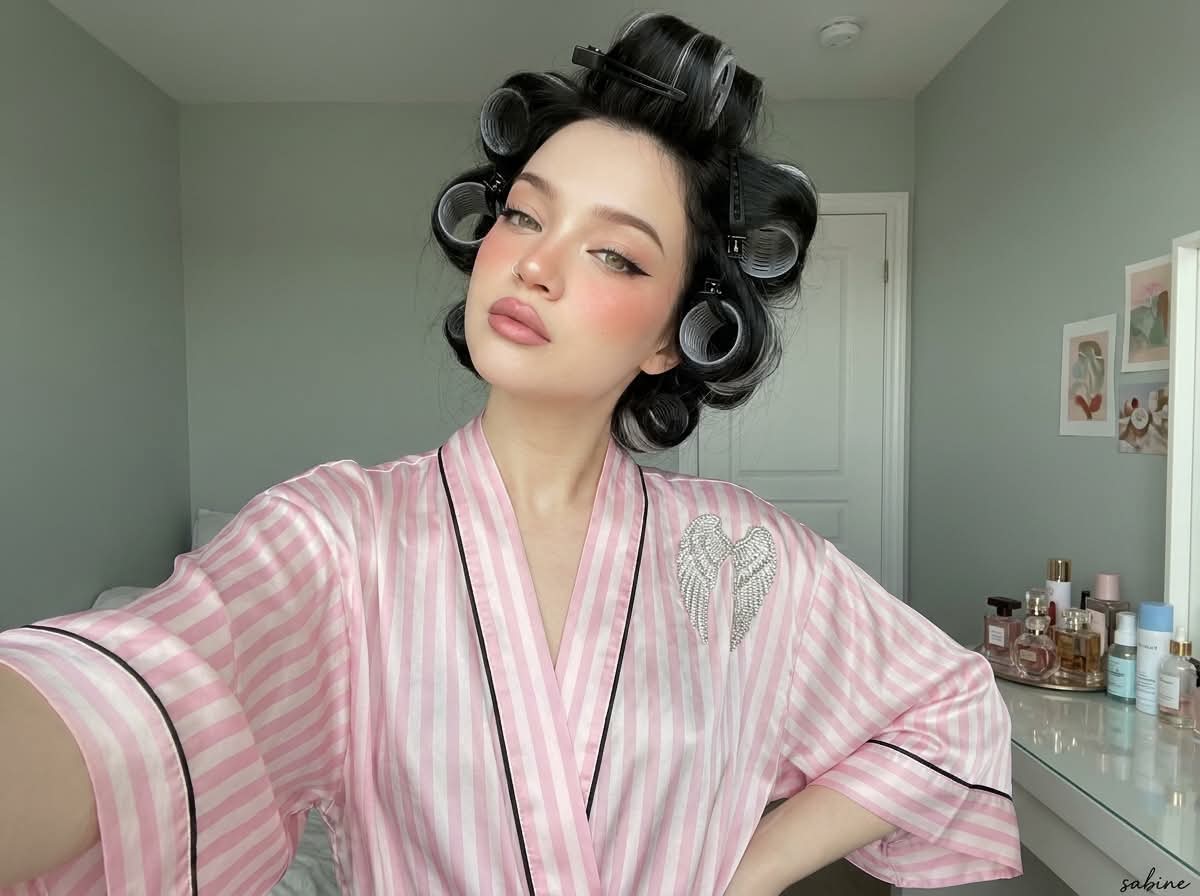 Soft-Glam Bedroom Selfie with Vintage Hair Rollers output 4