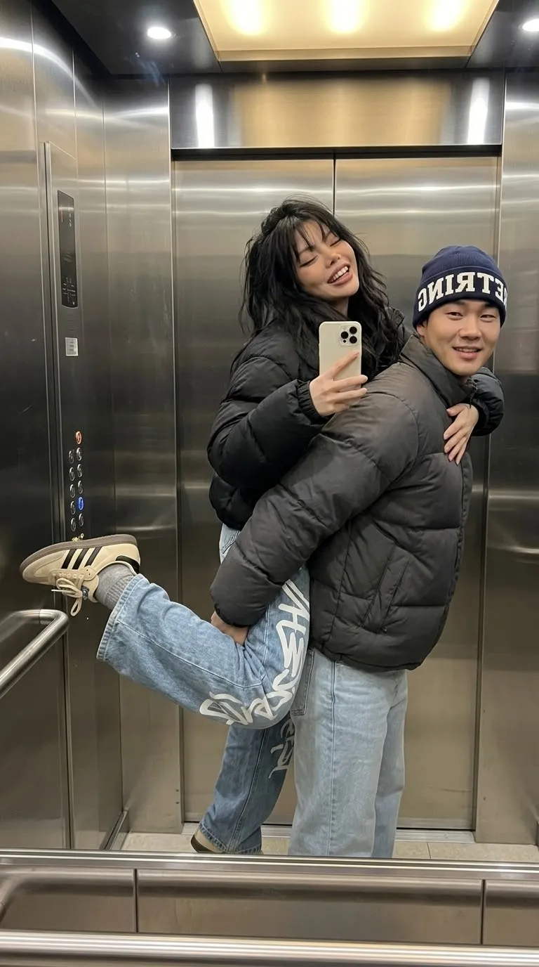 Playful Couple Elevator Mirror Selfie output 2