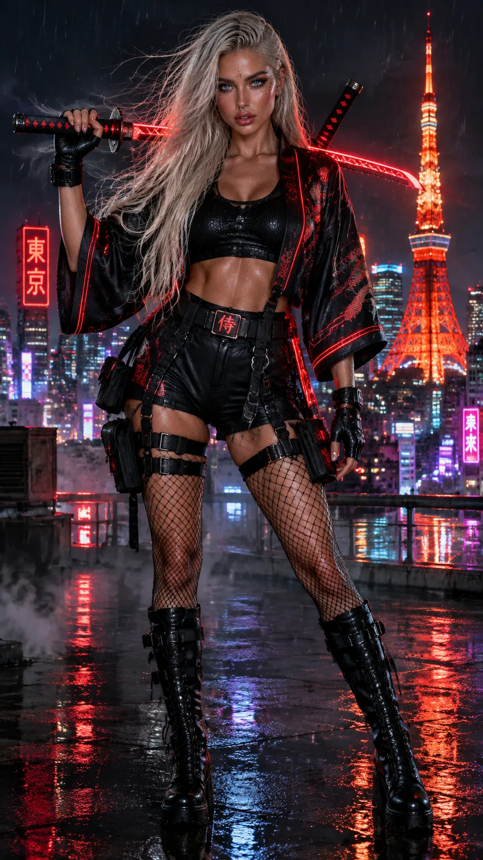 Cyberpunk Warrior on a Rainy Tokyo Rooftop