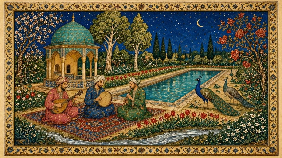 Persian Miniature Painting of a Night Garden Pavilion with Musicians by a Moonlit Pool