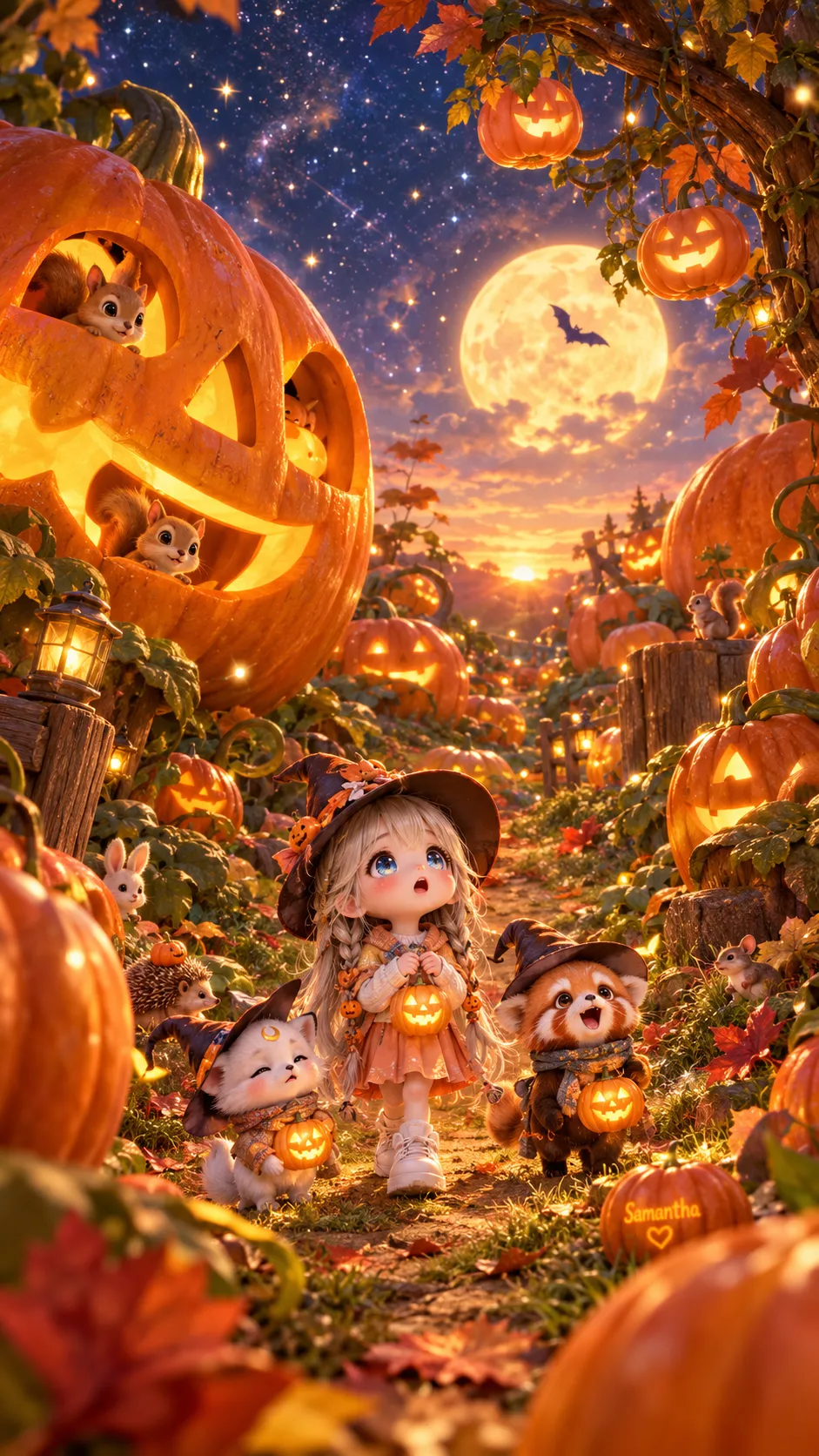 Miniature Chibi Girl and Pets in a Giant Pumpkin Patch