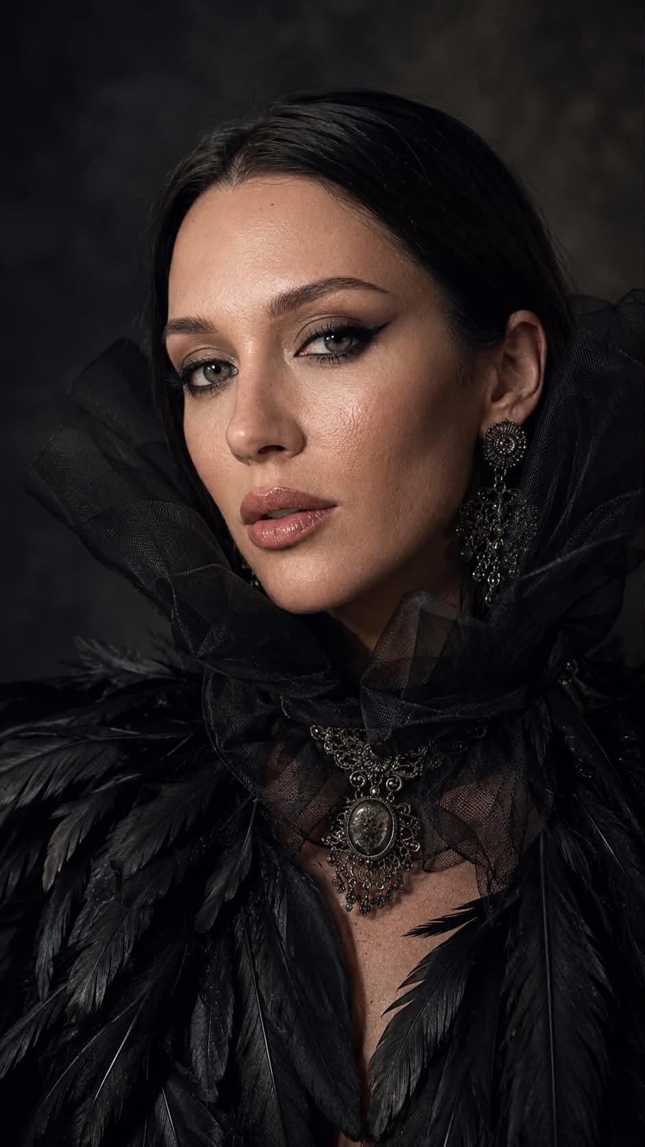 Moody Fashion Portrait with Black Tulle and Feathers output 1