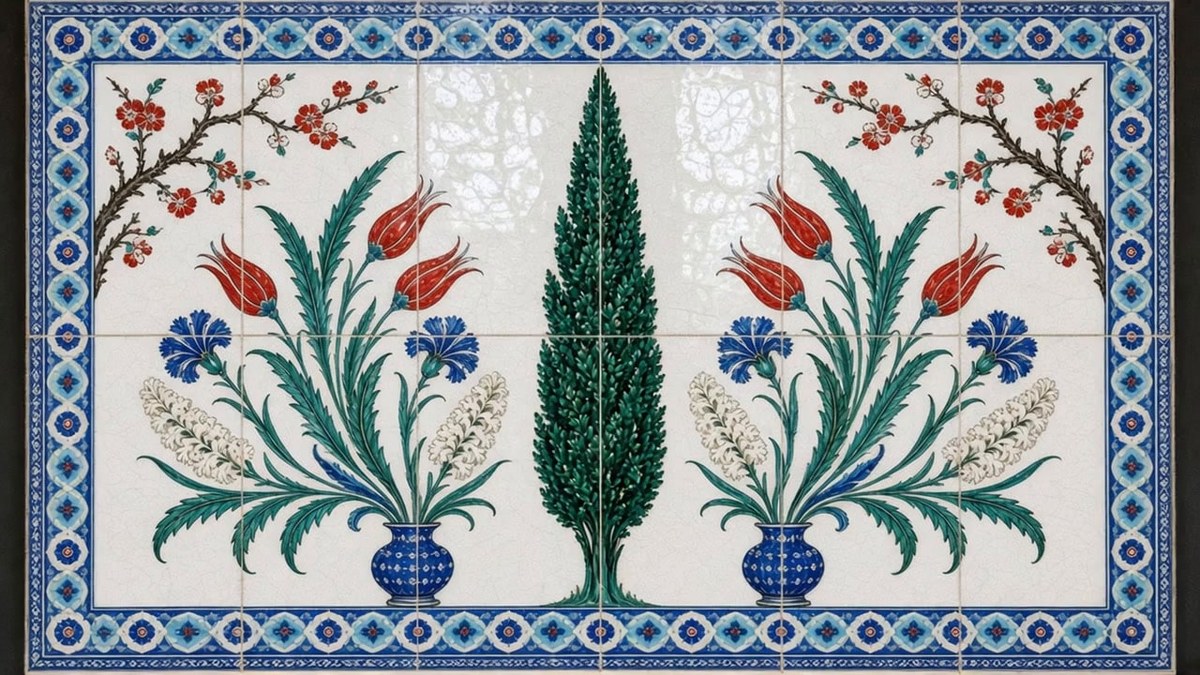 Iznik Ceramic Tile Panel of Tulips, Carnations, and a Cypress Tree