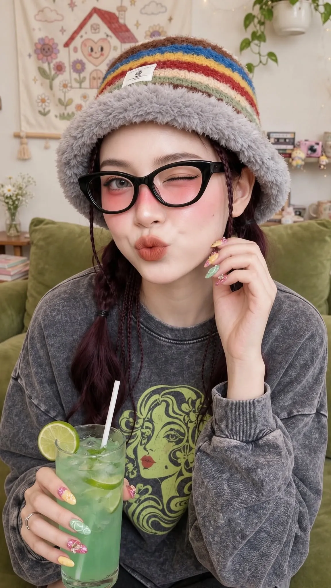 Playful Harajuku-Casual Portrait with a Fuzzy Bucket Hat output 2