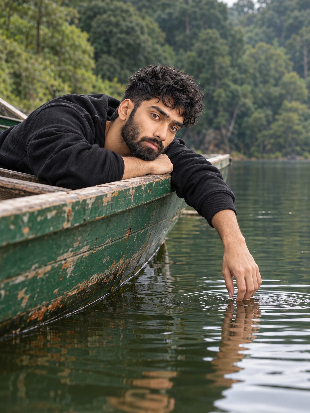 Reflective Lakeside Portrait with Fingertips in the Water