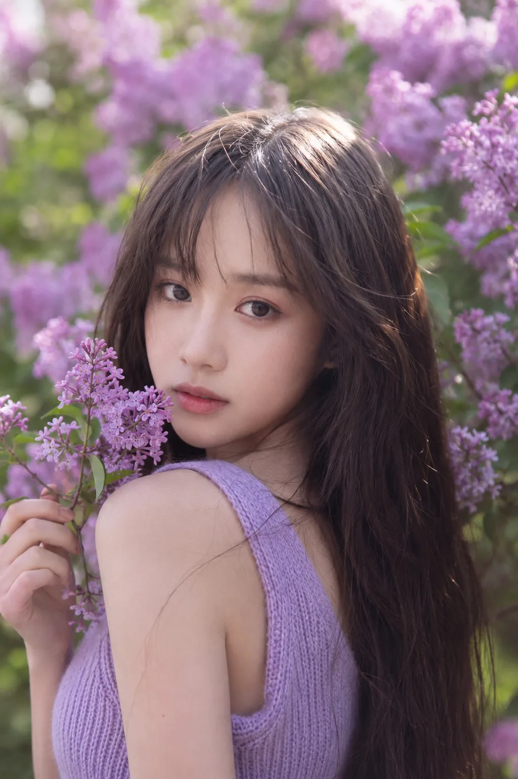 Dreamy Spring Portrait in a Lilac Garden