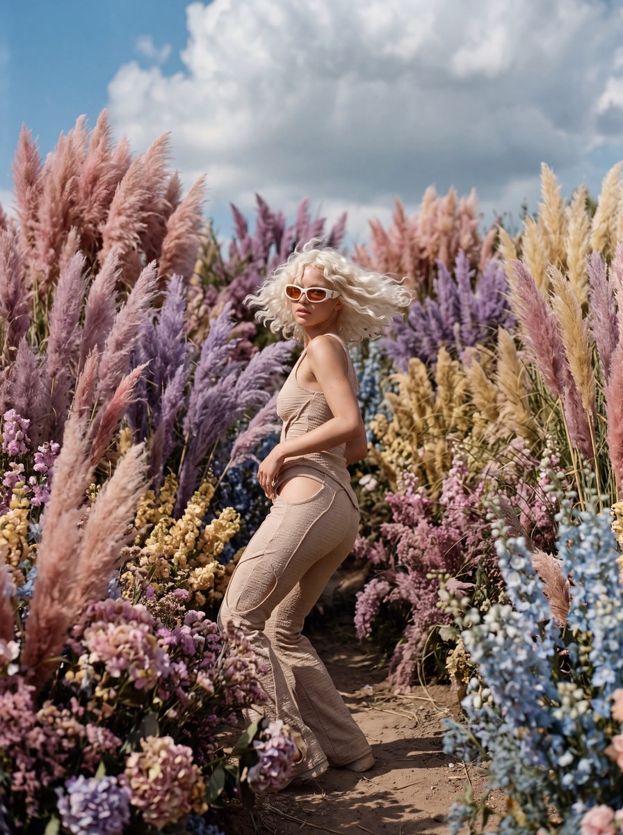 Cinematic Low-Angle Portrait in Pastel Gardens output 2