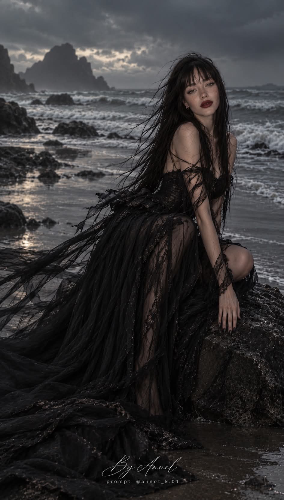 Gothic Seashore Portrait with Windblown Black Train