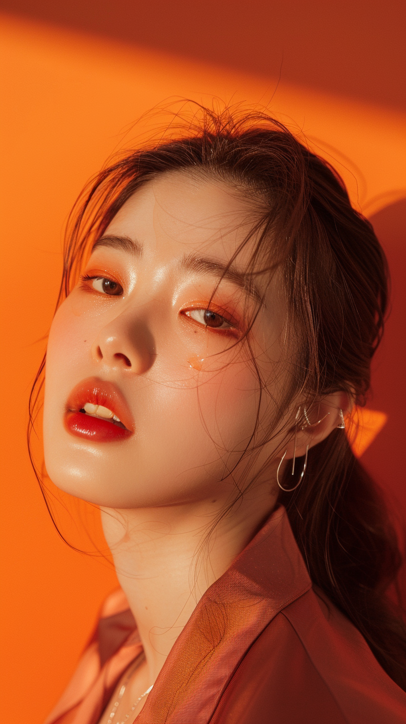 Vertical Portrait of a Korean Model on an Orange Backdrop output 1