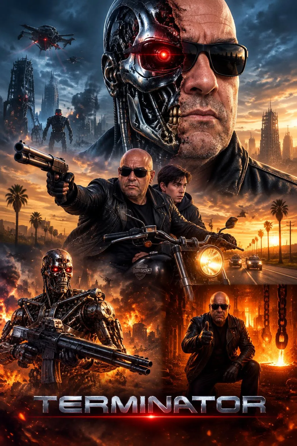 Terminator Cinematic Poster with a Dual Human–Machine Portrait