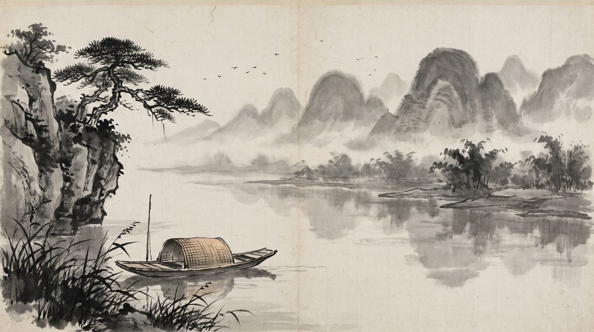 Chinese Ink Wash Painting of Misty Karst Peaks and an Empty Sampan