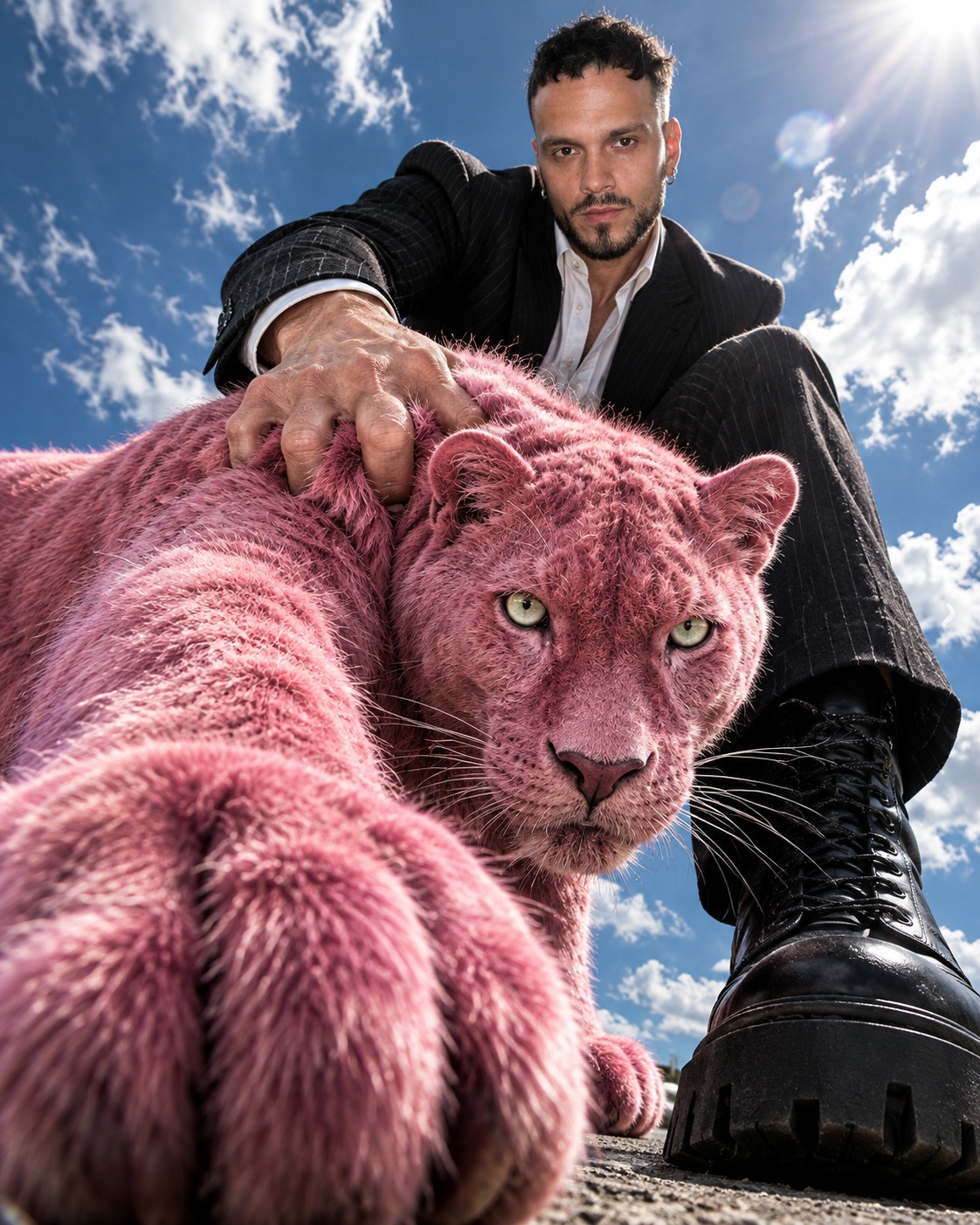 Photorealistic Pink Panther Low-Angle Fashion Portrait