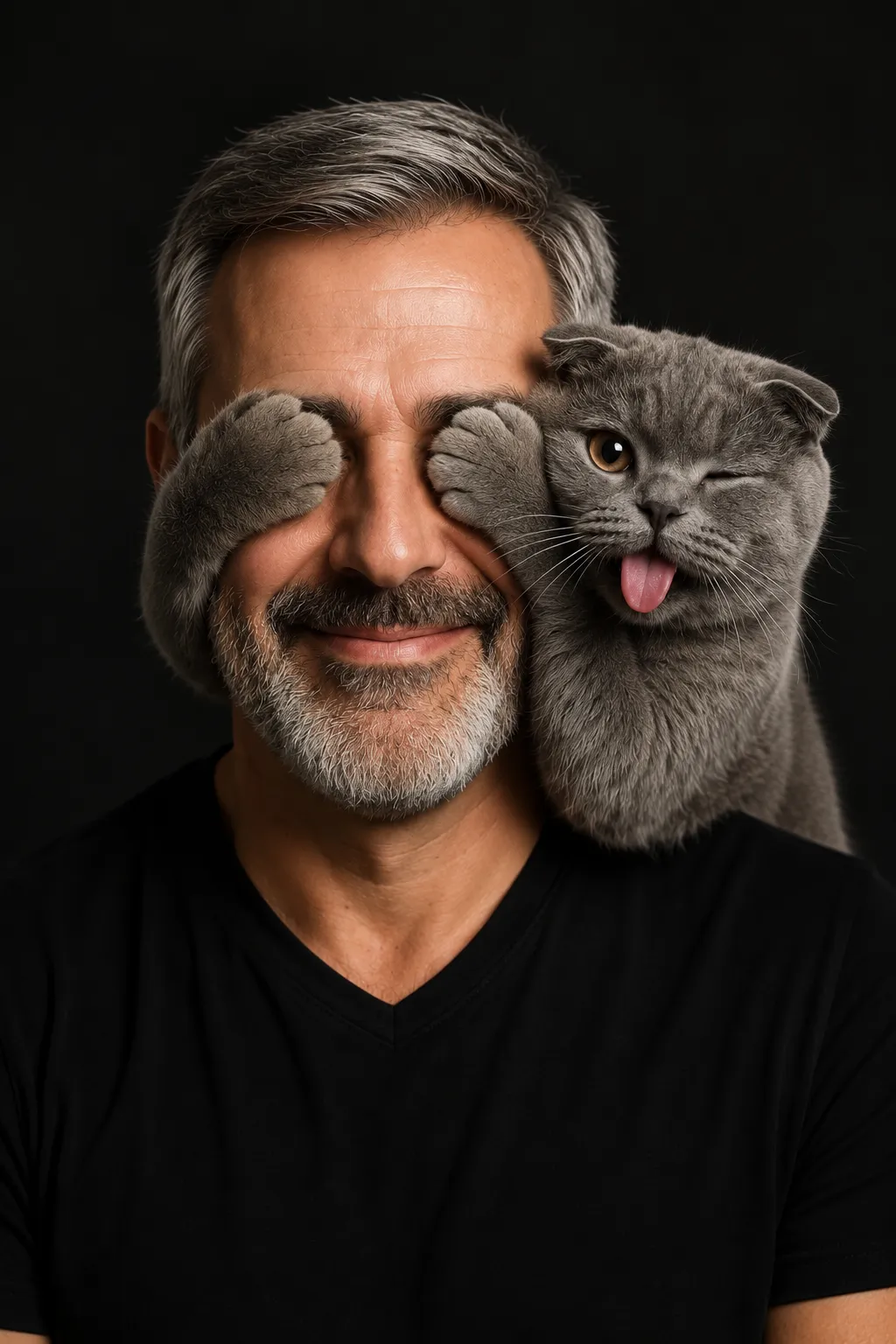 Photorealistic Portrait of a Man and Playful Scottish Fold output 1