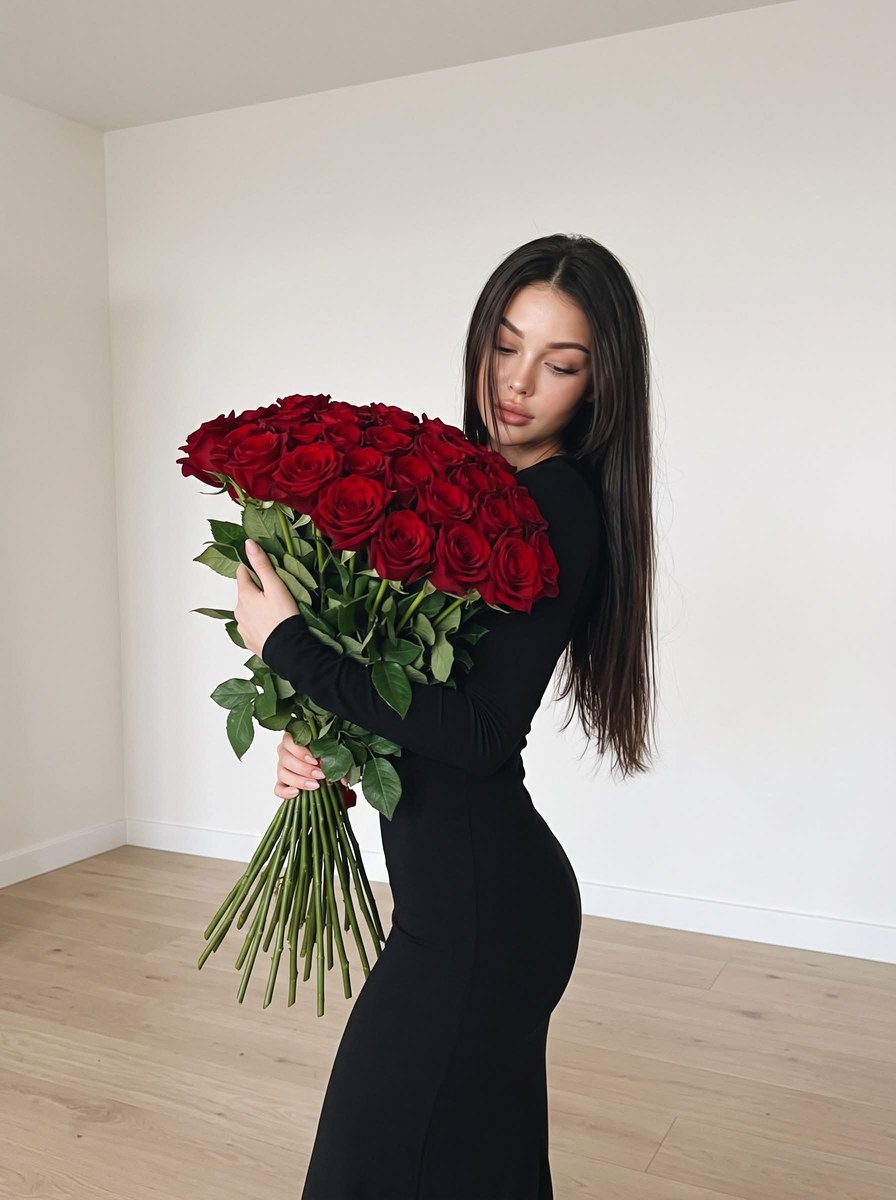 Minimalist Fashion Portrait with a Bouquet of Red Roses output 2